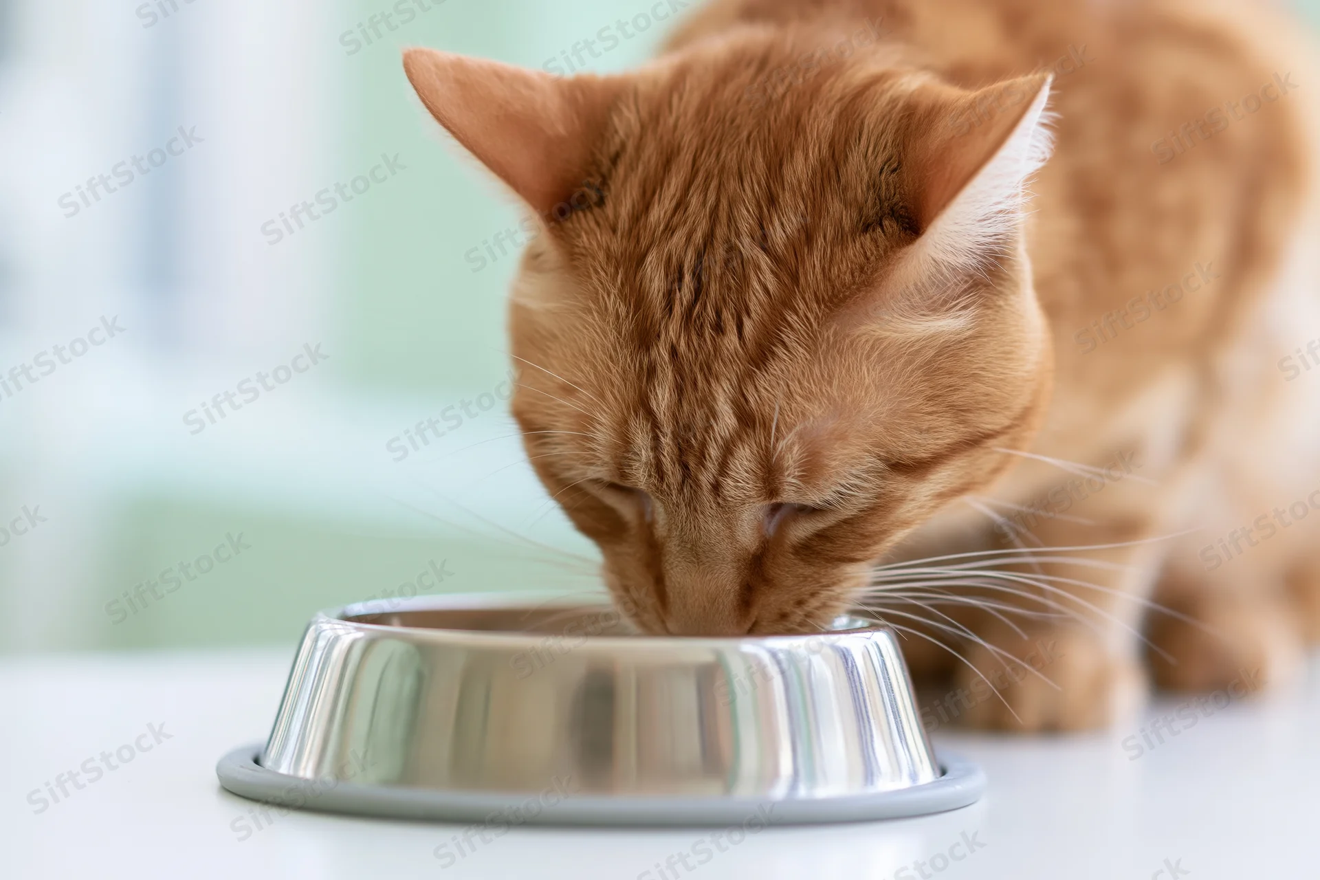 Orange tabby cat eating from stainless steel bowl on white surface