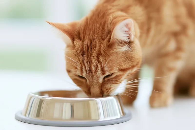 Orange tabby cat eating from a stainless steel pet bowl indoors