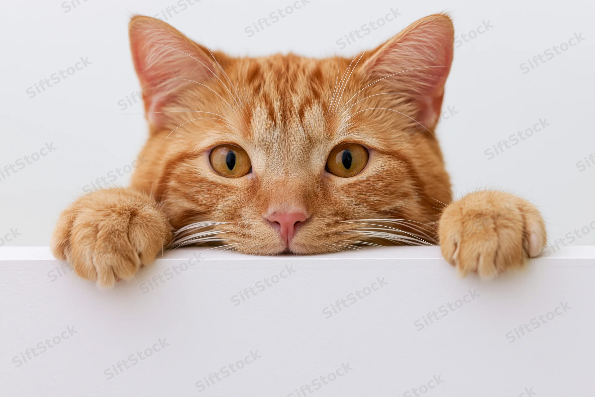 Orange tabby cat peering over white surface with paws resting on edge