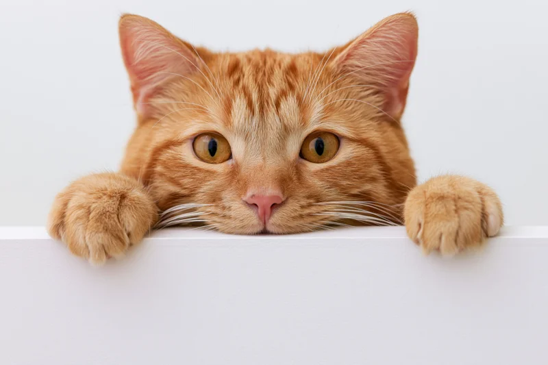 Orange tabby cat peering over white surface with paws resting on edge