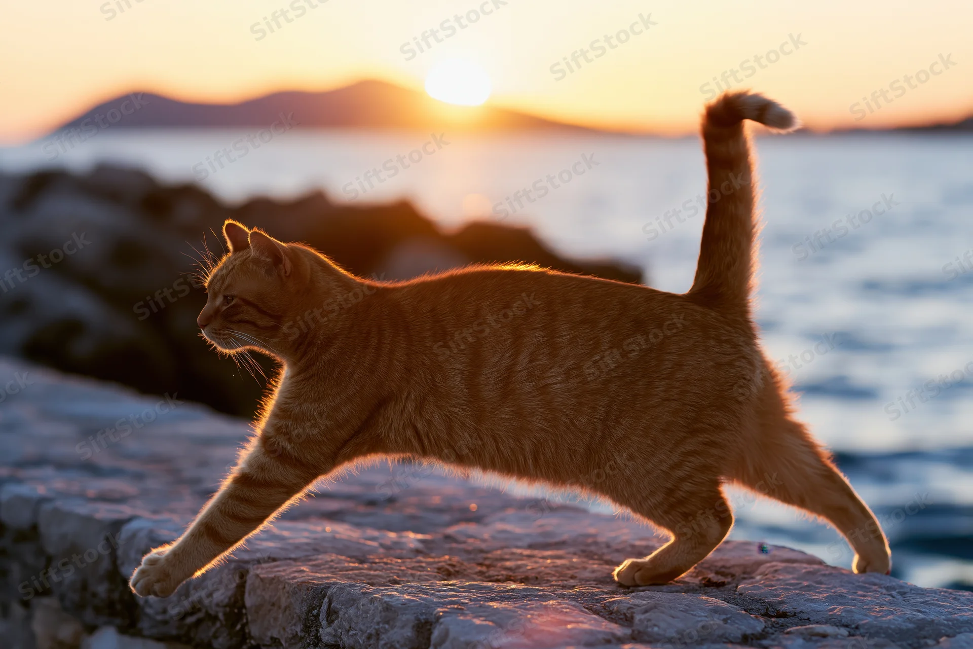 Orange tabby cat stretching full body on stone pathway by ocean at sunset