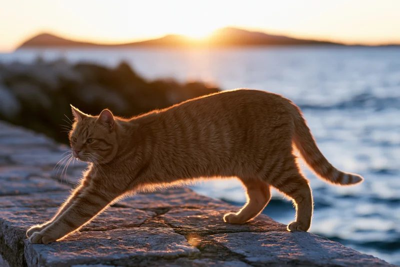 Orange tabby cat stretching in full body pose on stone pier by ocean at sunset