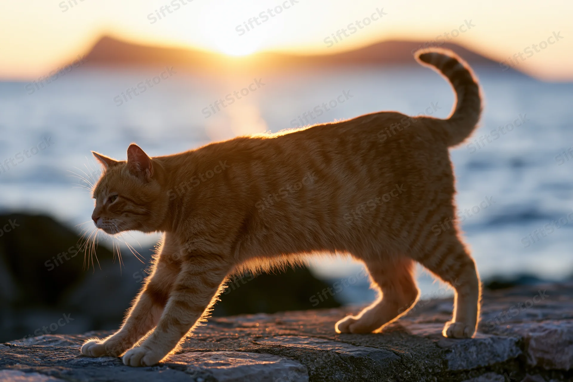 Orange tabby cat walking on rocky shore at sunset with ocean in background