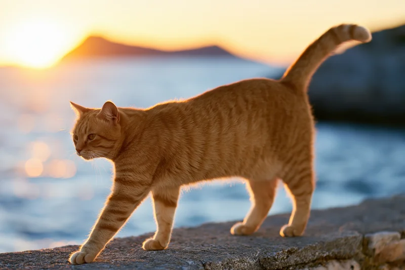 Orange tabby cat walking on a rocky outcrop by the ocean at sunset