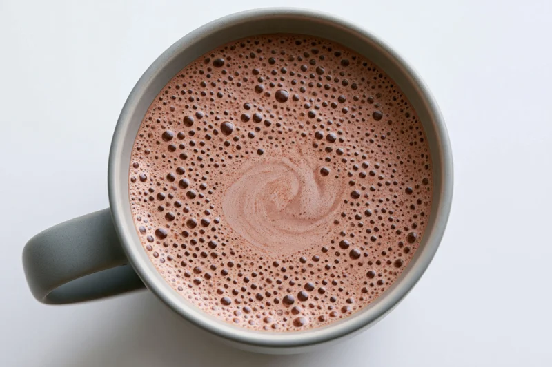 Overhead view of a grey ceramic mug filled with frothy hot chocolate on a white surface