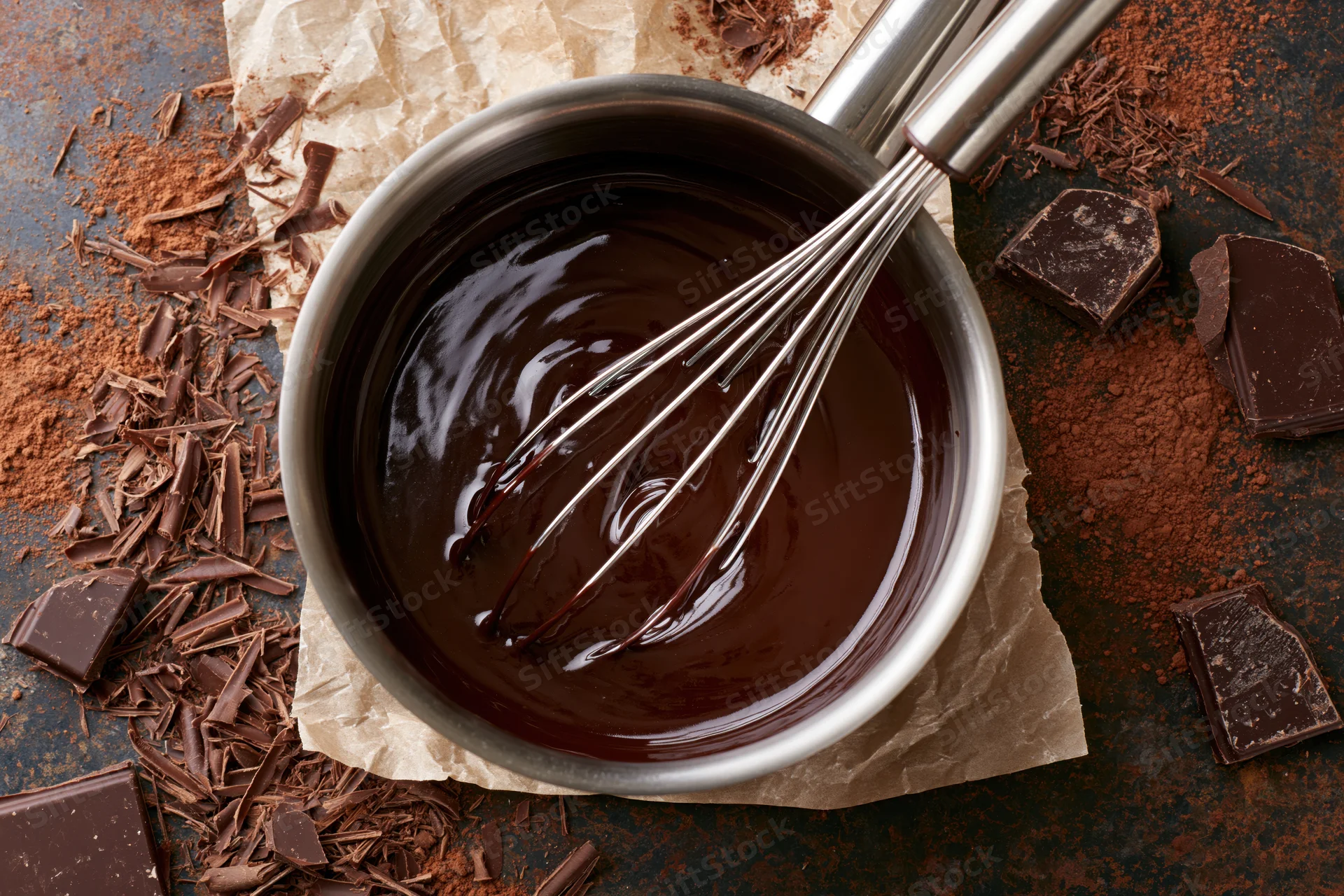 Melted chocolate in a stainless steel saucepan with whisk, surrounded by chocolate pieces and cocoa powder on a dark surface