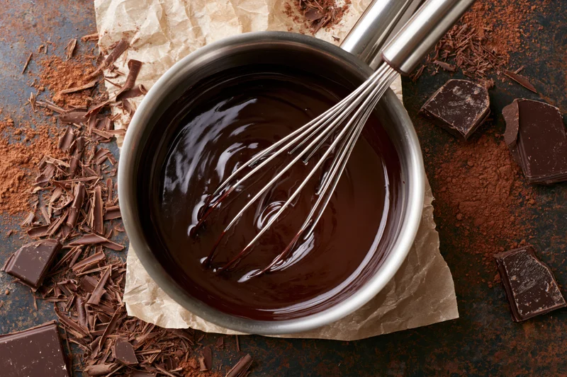 Melted chocolate in a stainless steel saucepan with whisk, surrounded by chocolate pieces and cocoa powder on a dark surface