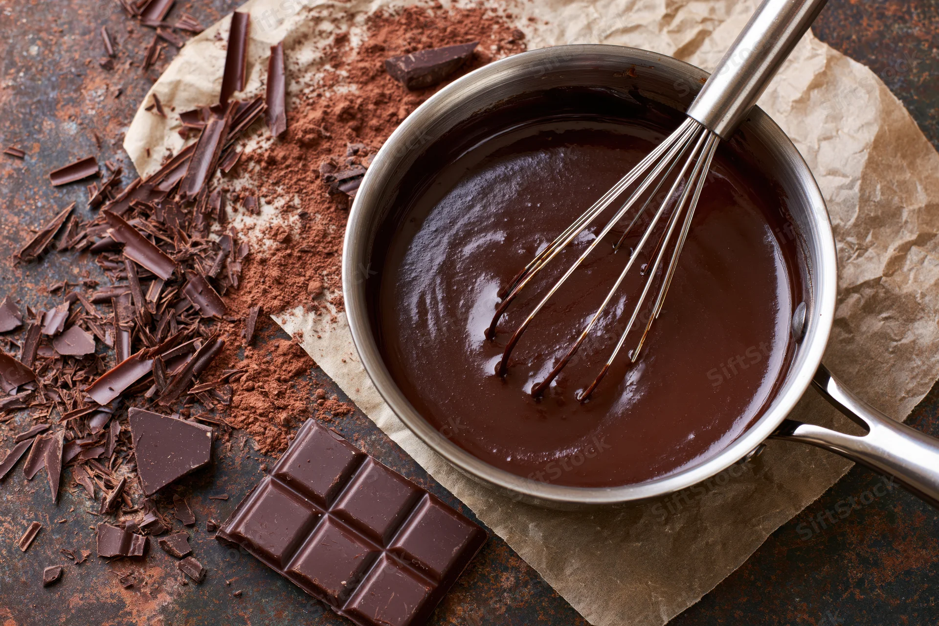 Melted chocolate in a saucepan with whisk, surrounded by chocolate pieces and cocoa powder on parchment paper