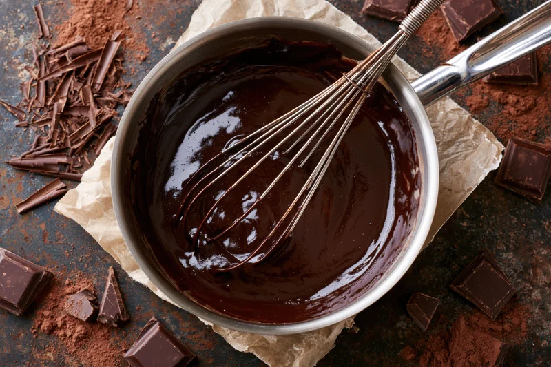 Melted chocolate in a saucepan with a whisk, surrounded by chocolate pieces and cocoa powder on a dark surface