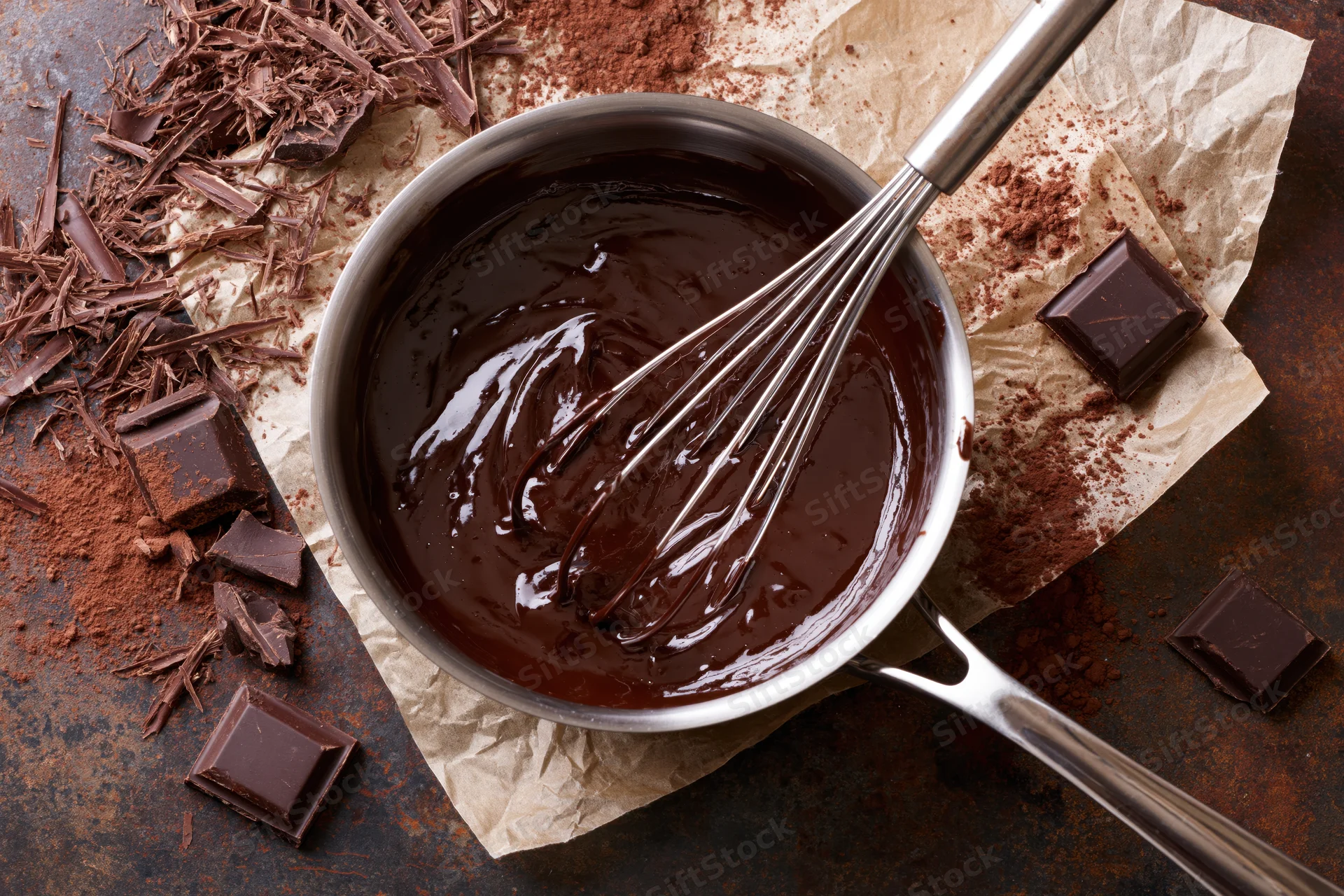 Melted chocolate in a saucepan with whisk, surrounded by chocolate pieces and cocoa powder on parchment paper