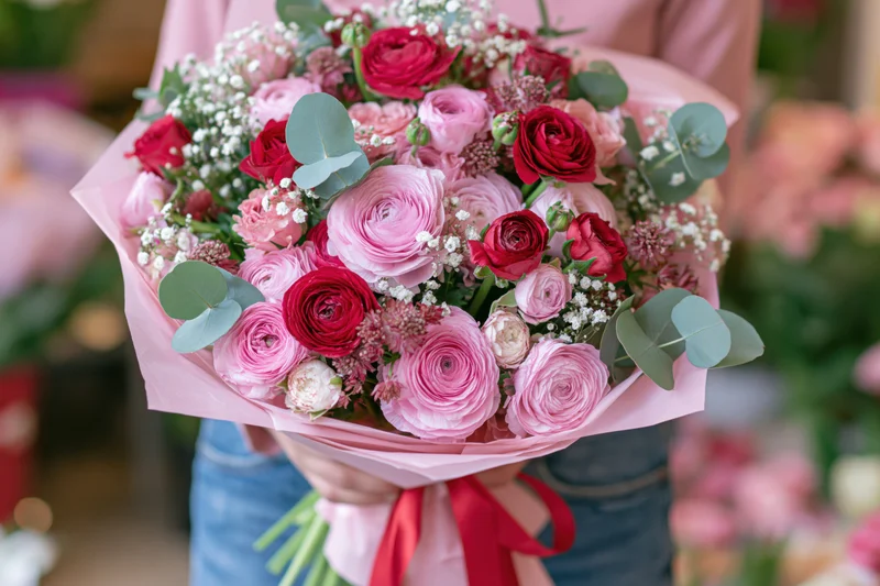 Woman holding a lush bouquet of pink and red ranunculus flowers wrapped in pink paper with greenery and ribbon