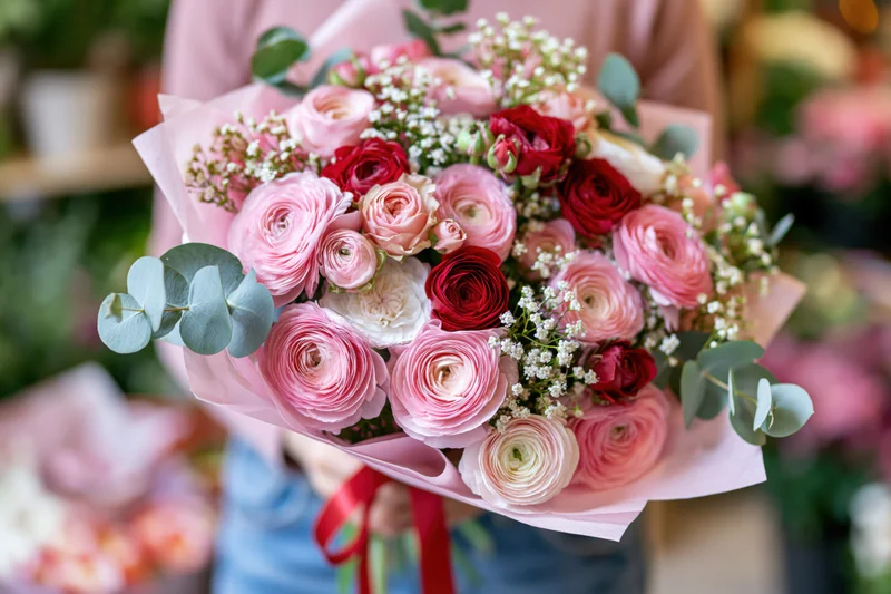 Woman holding a lush bouquet of pink and red ranunculus with eucalyptus and baby's breath wrapped in pink paper