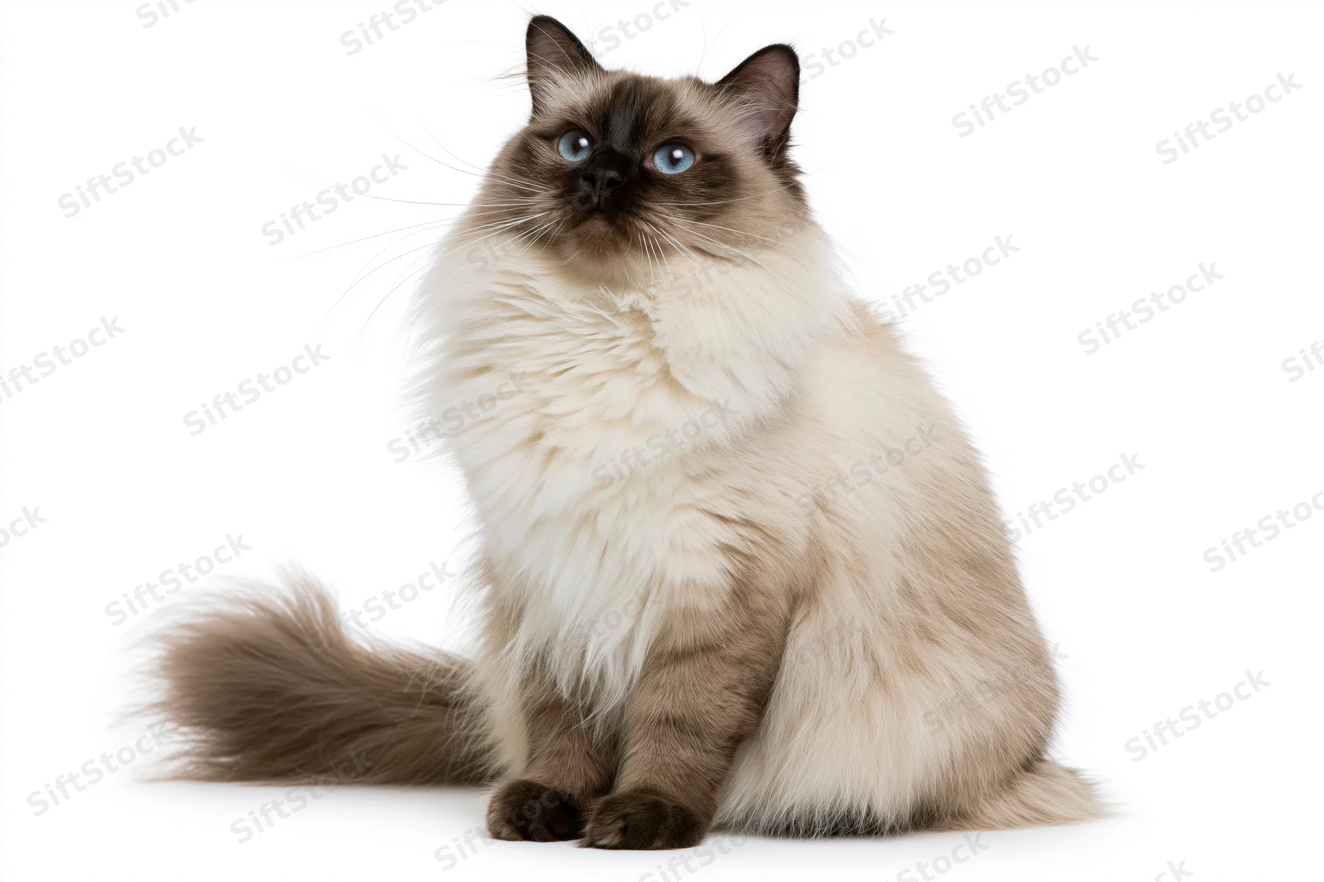 Ragdoll cat sitting upright on a white seamless background