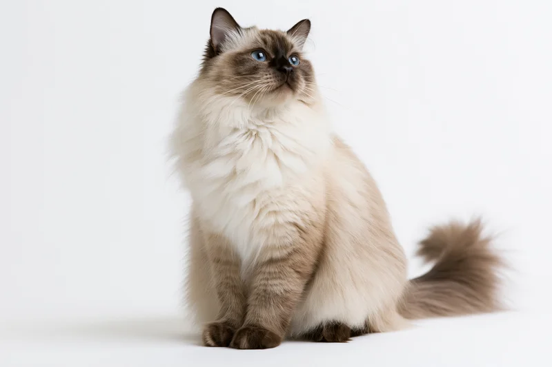 Ragdoll cat sitting upright on a white seamless background