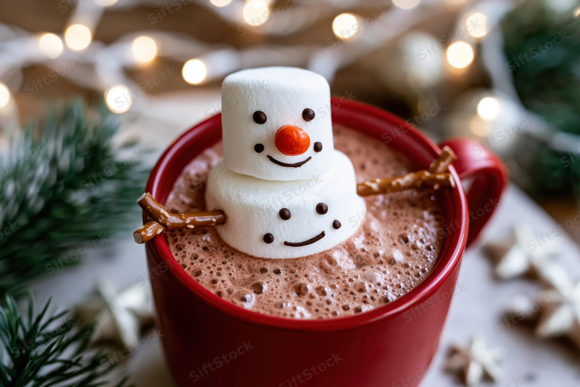 Red mug filled with frothy hot cocoa topped with marshmallow snowman surrounded by pine and string lights