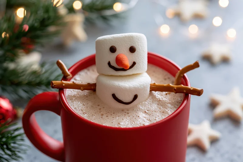 Marshmallow snowman in a red mug of hot cocoa with festive decorations around