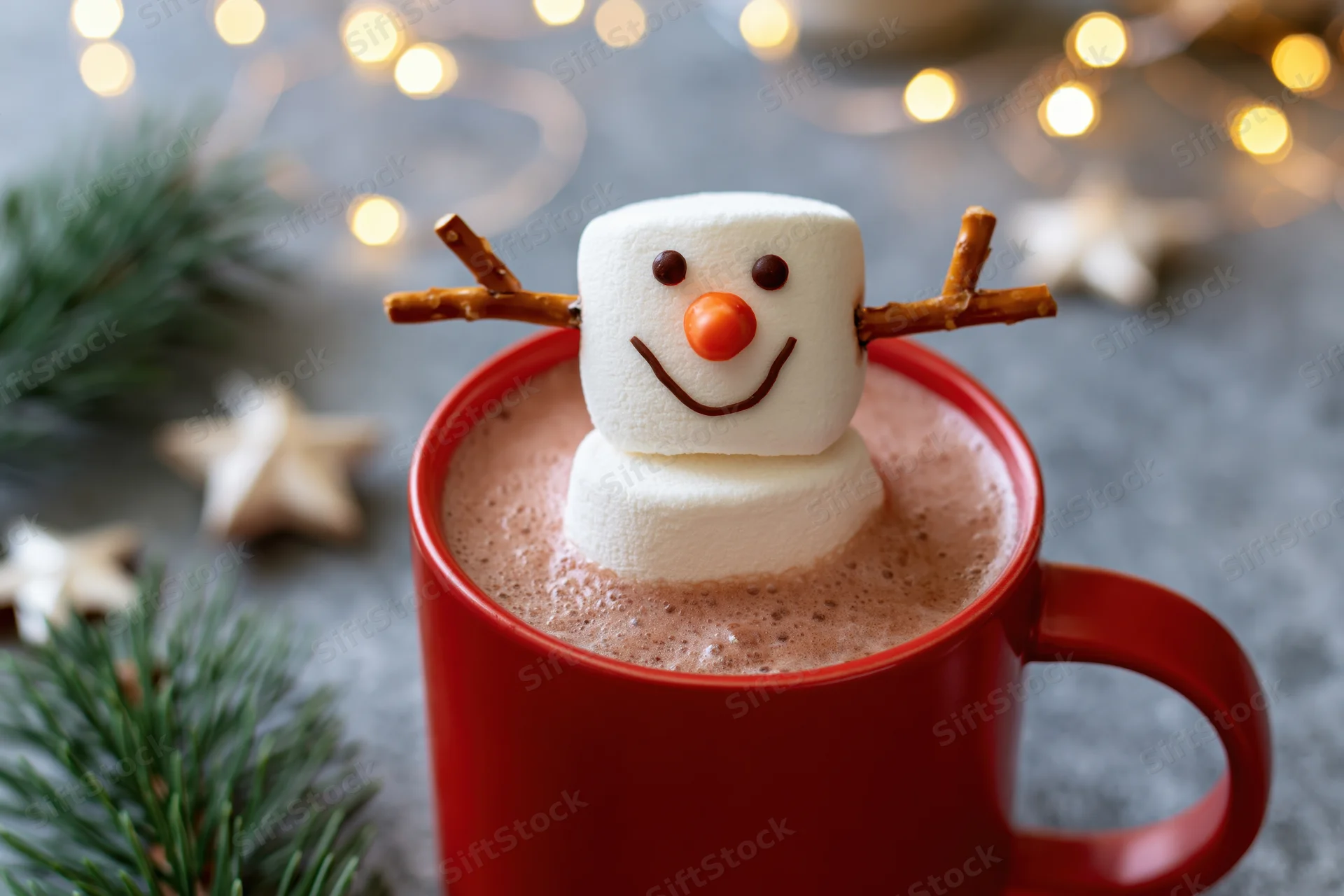 Marshmallow snowman floating in hot cocoa in a red mug with festive lights and pine branches around