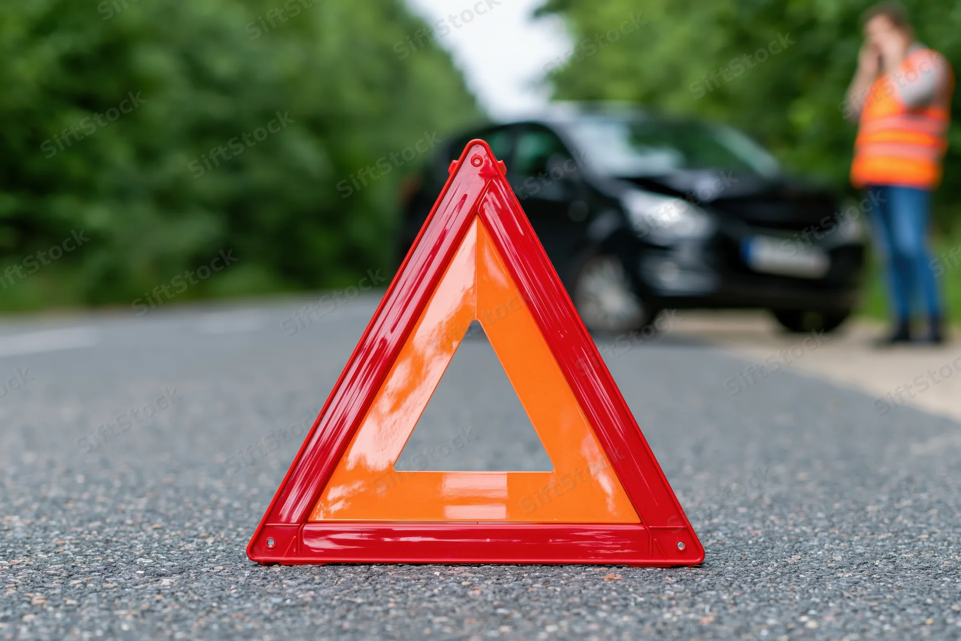 Red emergency warning triangle on asphalt road with car and man in background