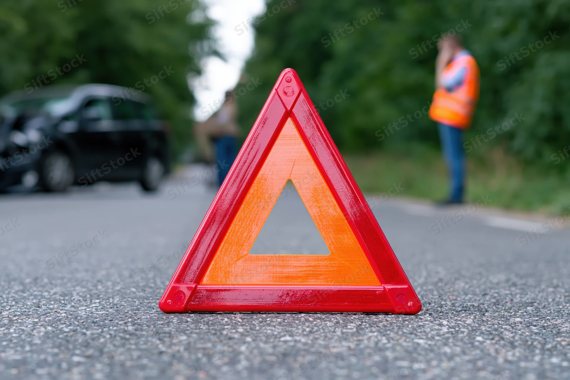 Red emergency warning triangle on asphalt road with damaged car and person in high-visibility vest in background
