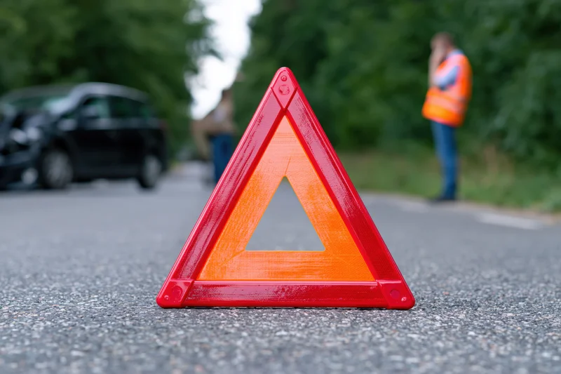 Red emergency warning triangle on asphalt road with damaged car and person in high-visibility vest in background