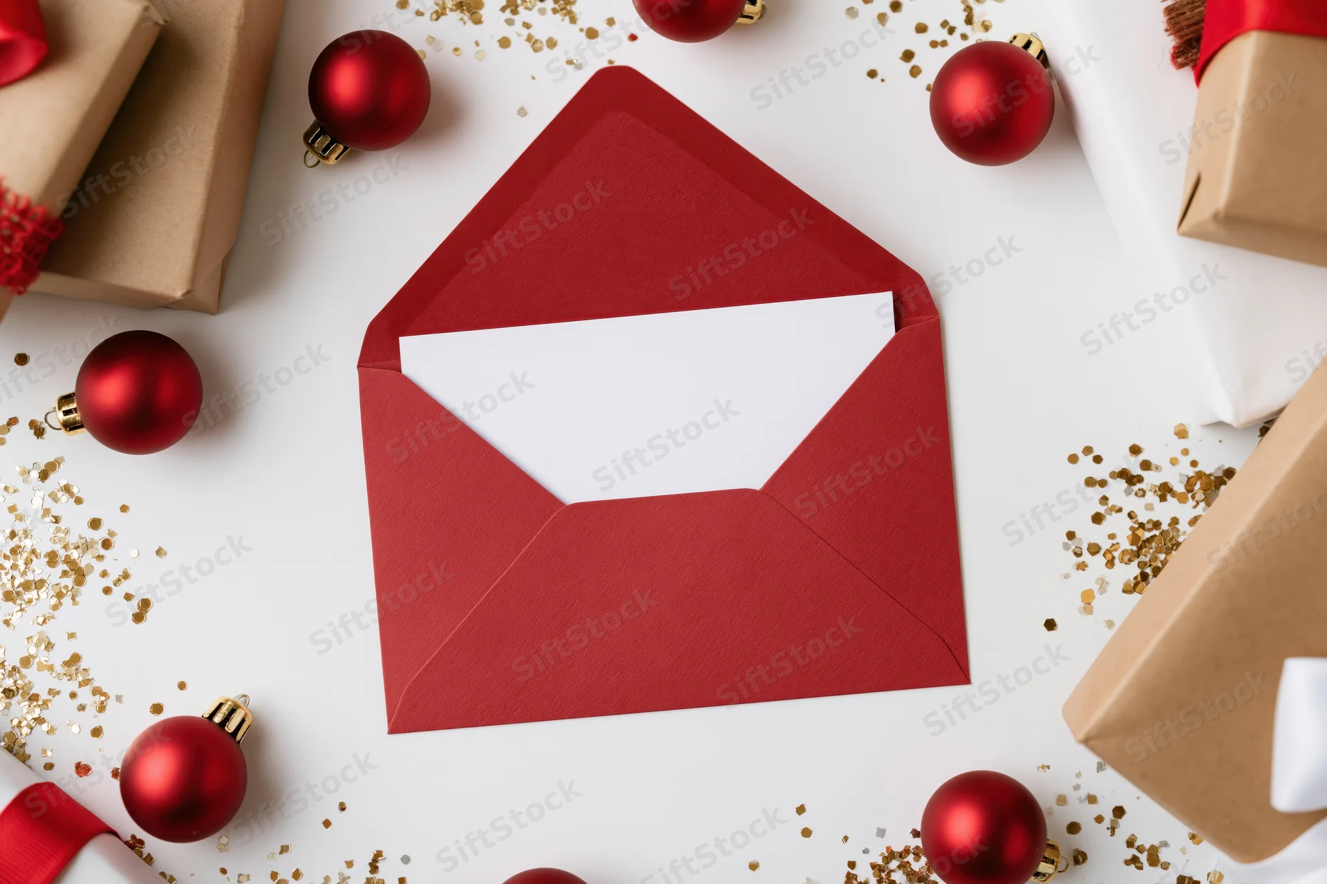 Open red envelope with blank white card inside surrounded by christmas ornaments and gifts on white surface