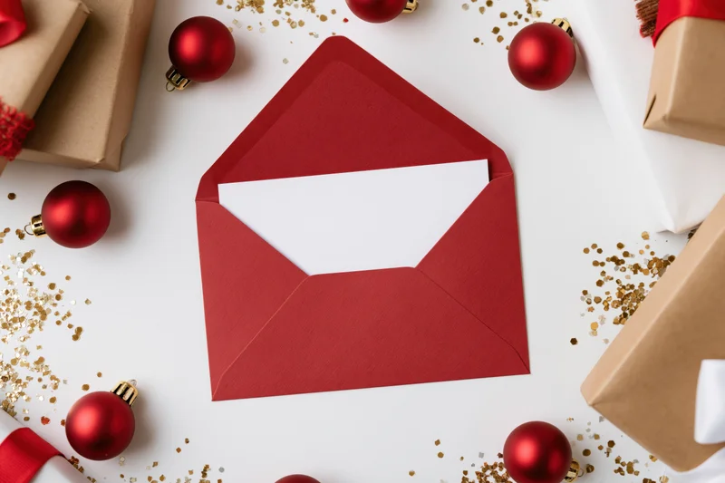 Open red envelope with blank white card inside surrounded by christmas ornaments and gifts on white surface