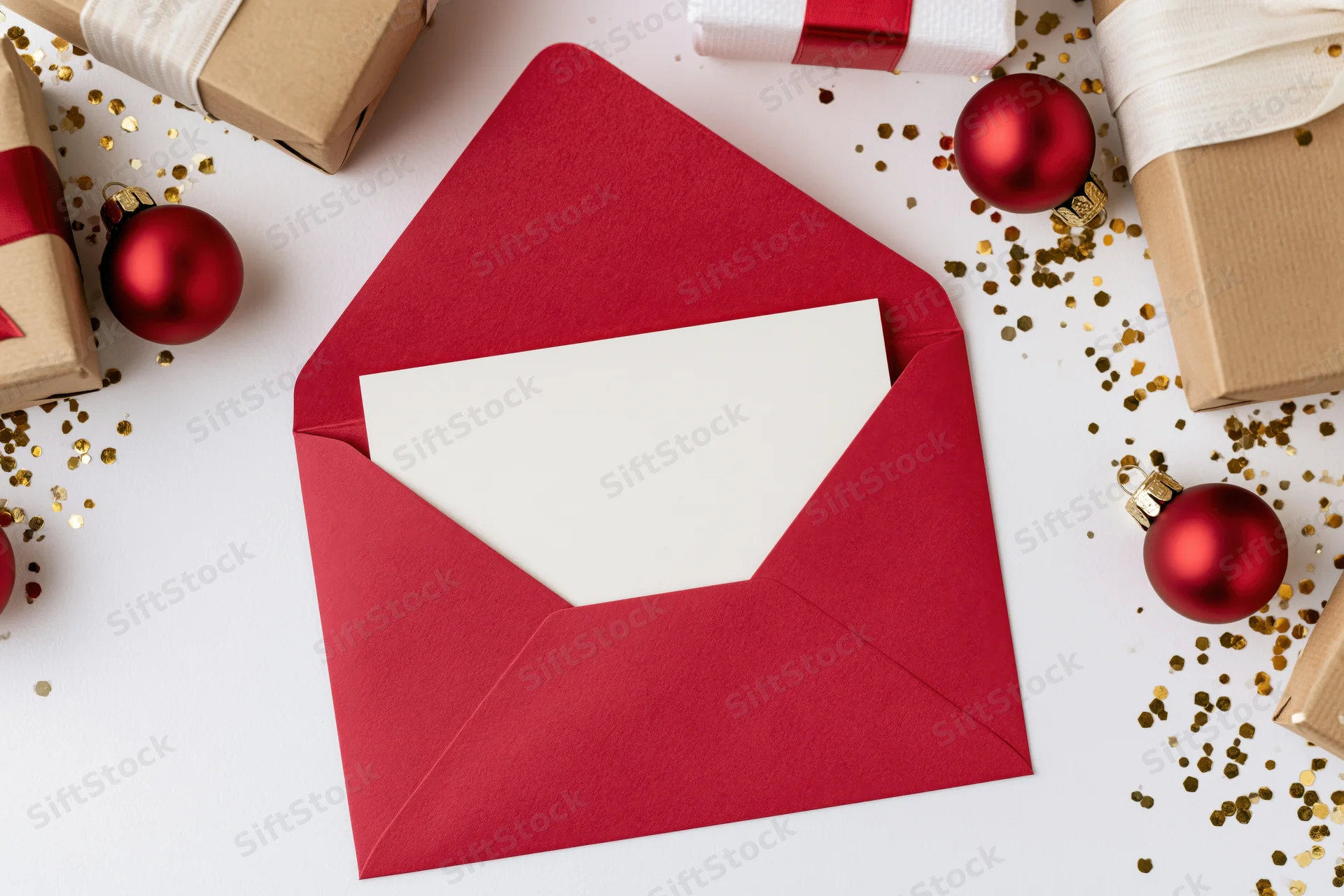 Open red envelope with blank white card inside surrounded by wrapped gifts and red ornaments on white surface with gold glitter