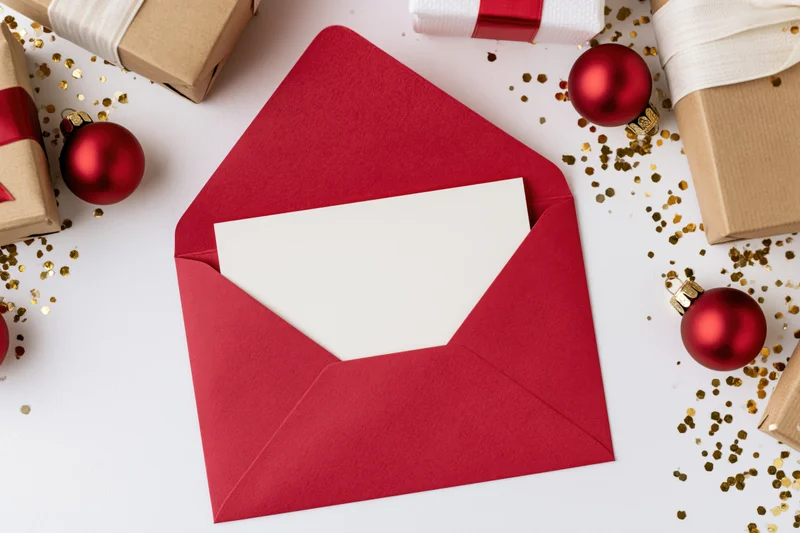 Open red envelope with blank white card inside surrounded by wrapped gifts and red ornaments on white surface with gold glitter
