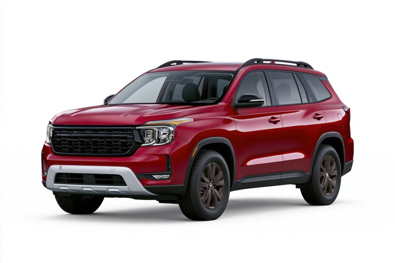 Red midsize suv shown at three-quarter front angle on white background
