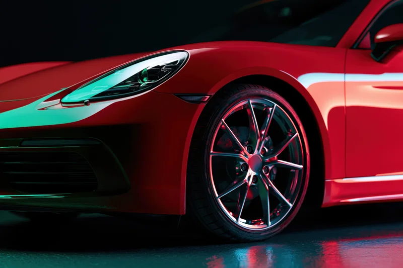 Red sports coupe front quarter view in dark studio with neon lighting