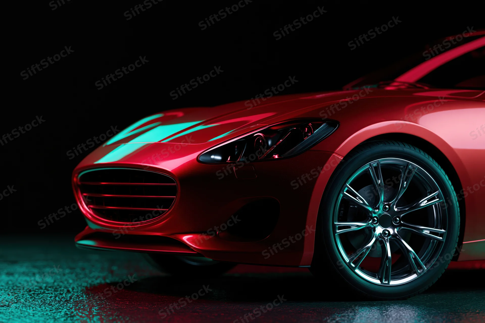 Red sports coupe front view in dark studio with neon lighting and reflections
