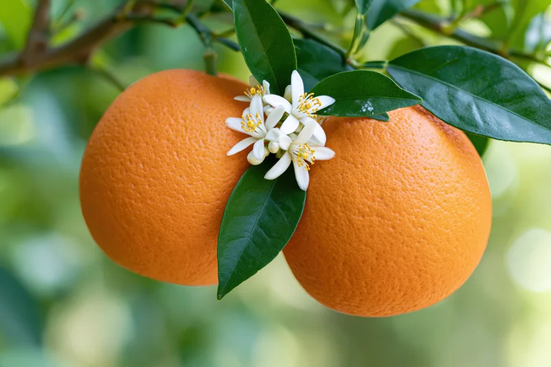 Two ripe oranges hanging on a citrus tree branch with white blossoms and green leaves