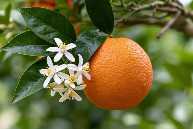 Ripe orange hanging on a citrus tree beside a cluster of white blossoms and green leaves