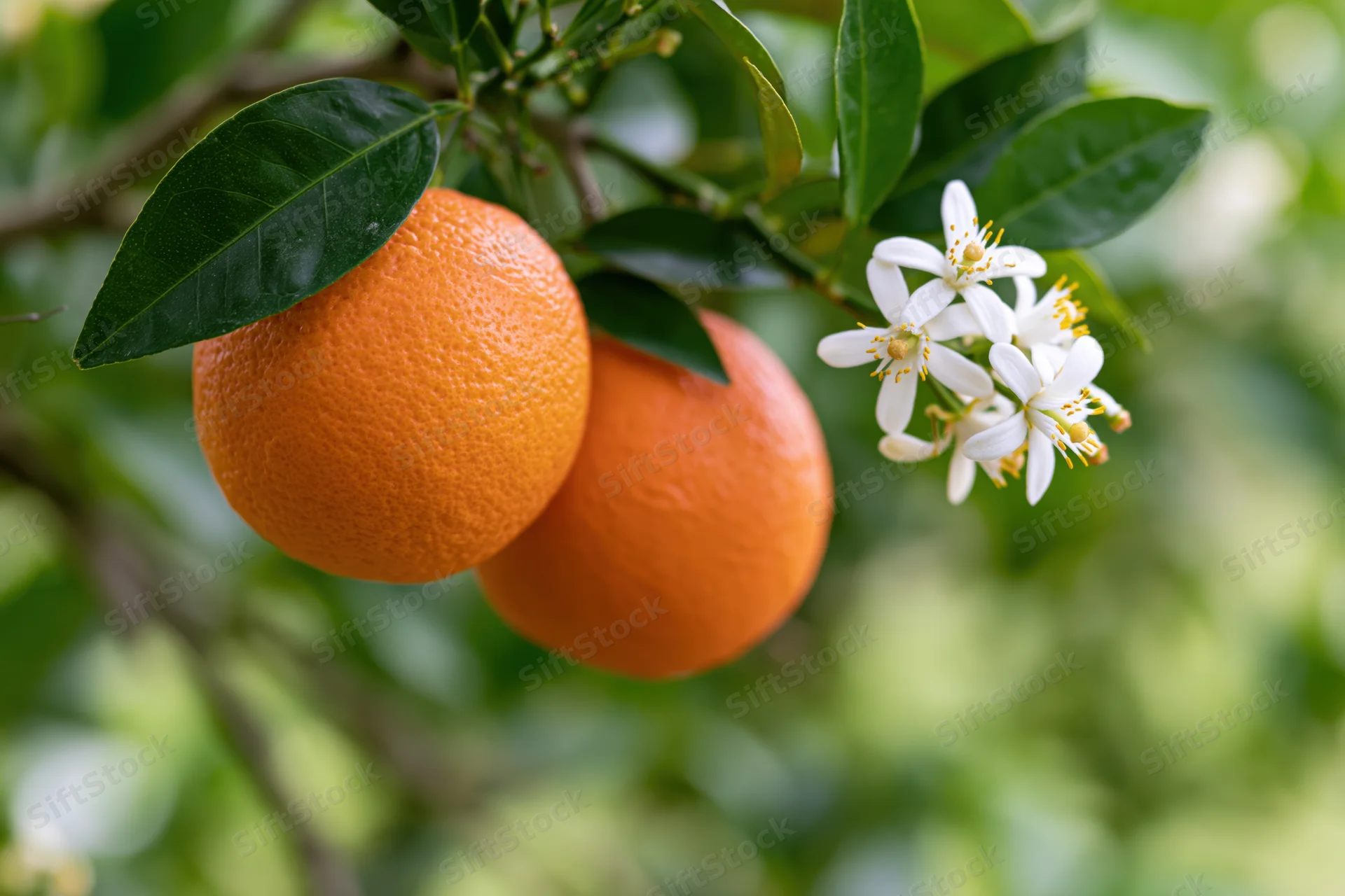 Ripe oranges and white blossoms on a citrus tree branch in a green garden