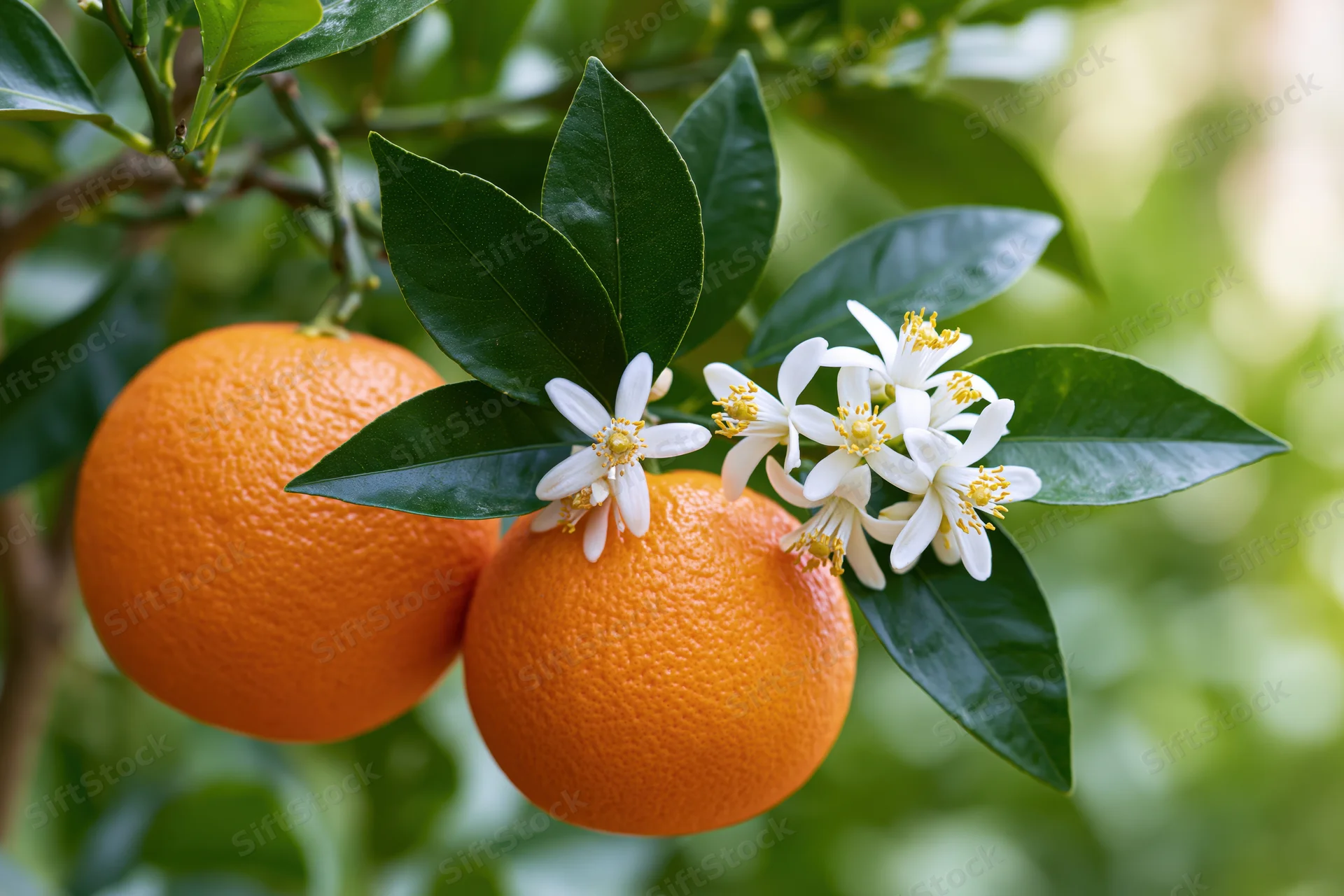 Ripe oranges and white blossoms on a citrus tree branch in a garden