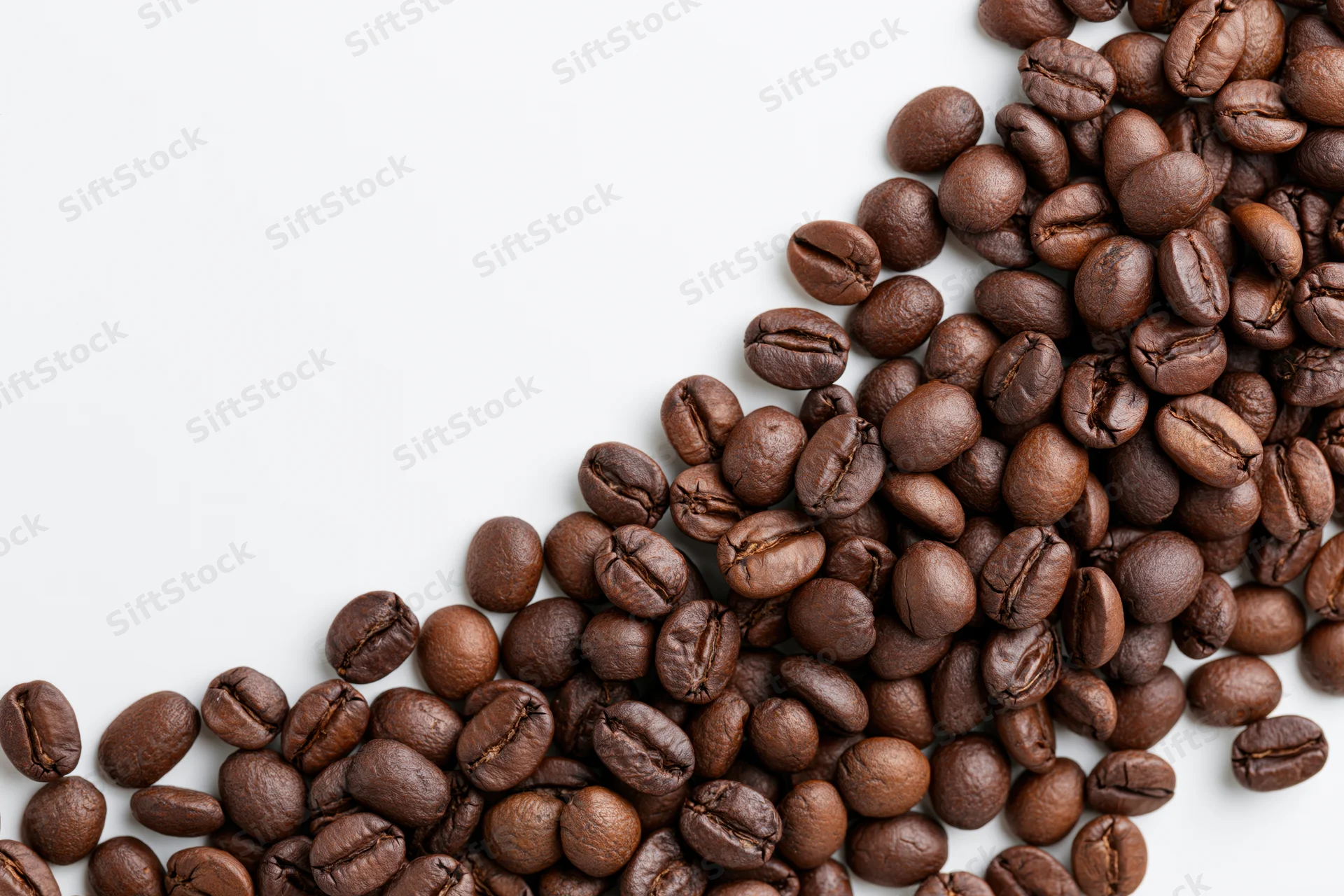 Roasted coffee beans scattered across white background with copyspace