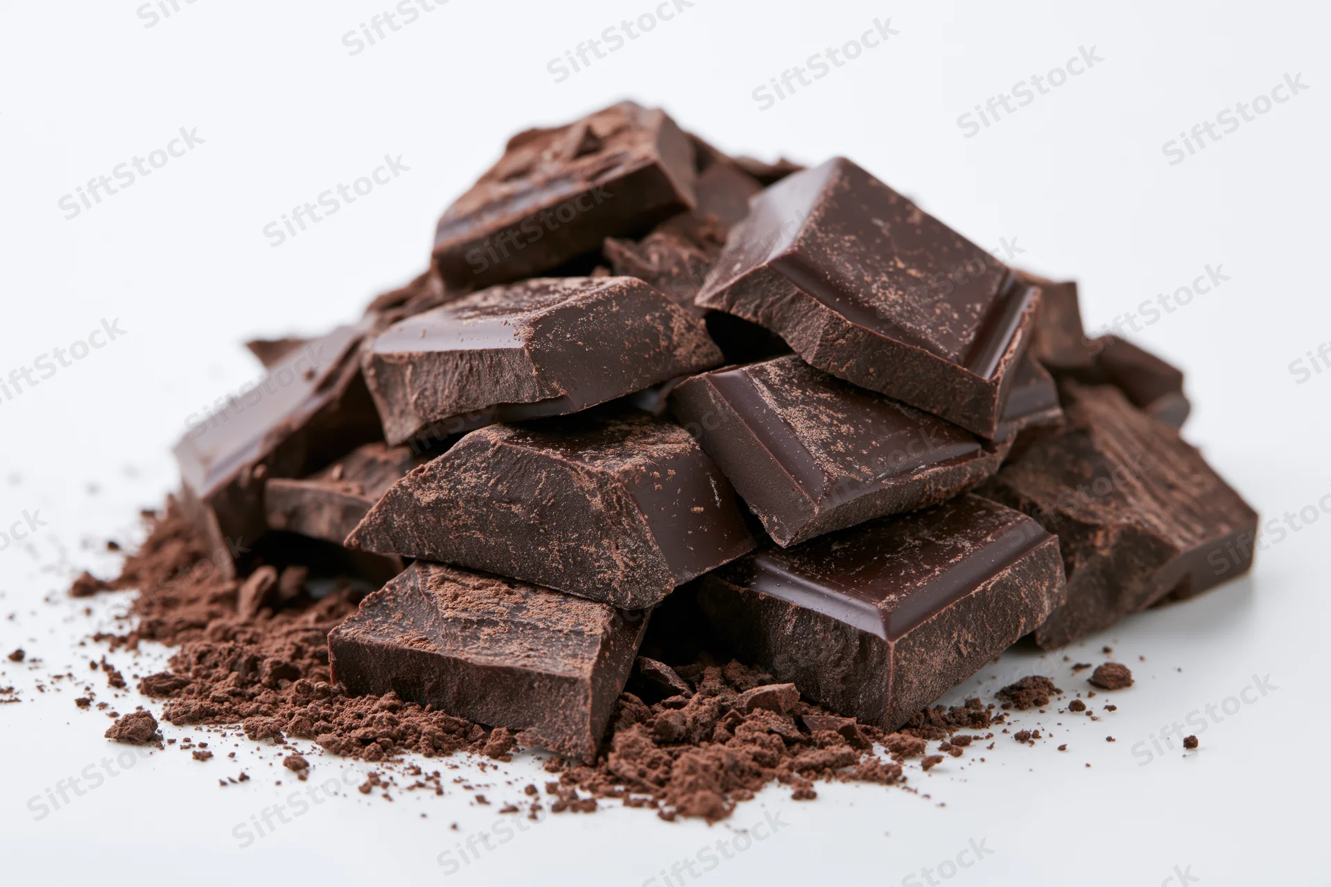 Broken dark chocolate chunks piled on white background with cocoa powder scattered around