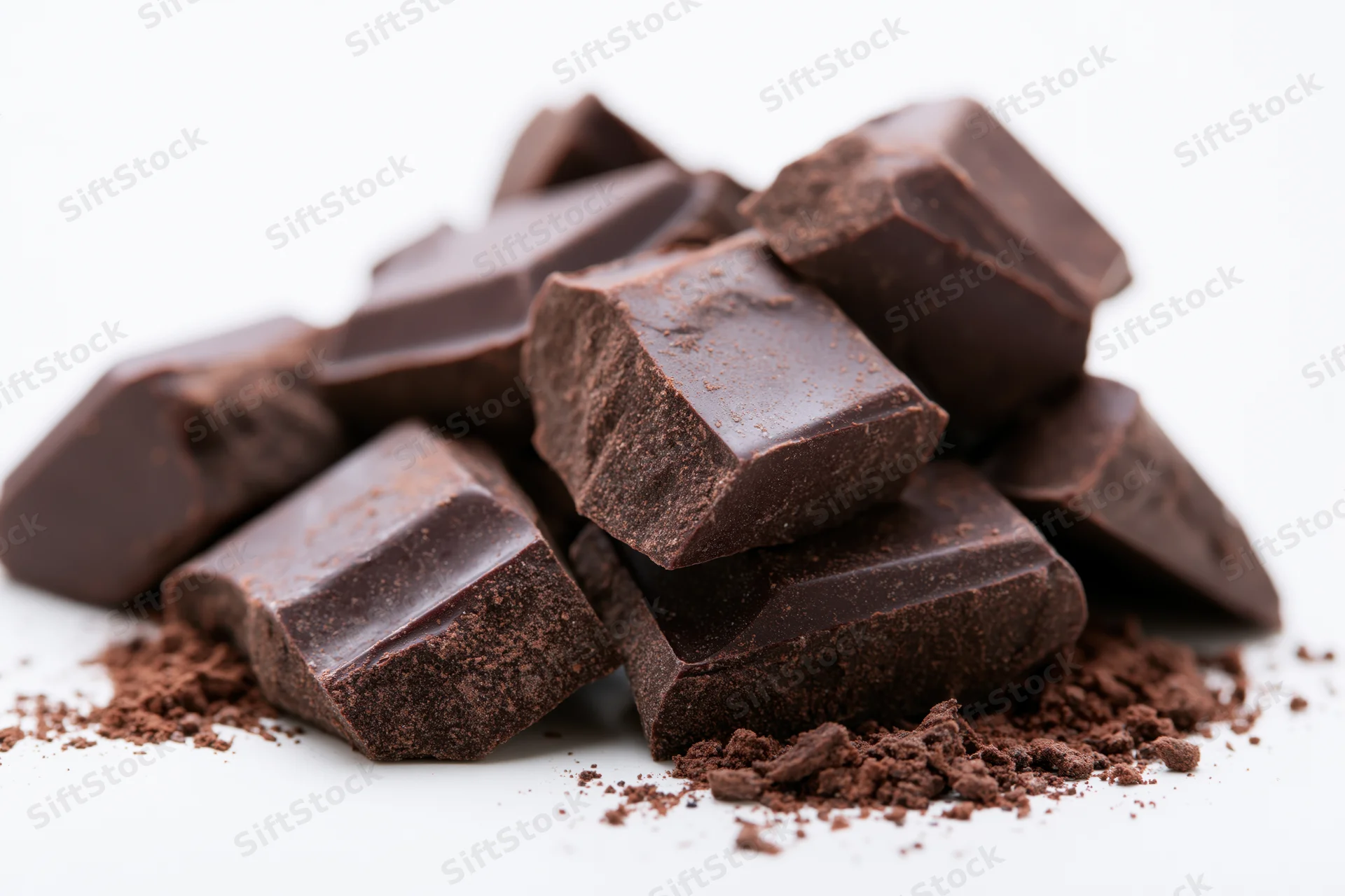 Broken dark chocolate chunks piled on white background with cocoa powder scattered around