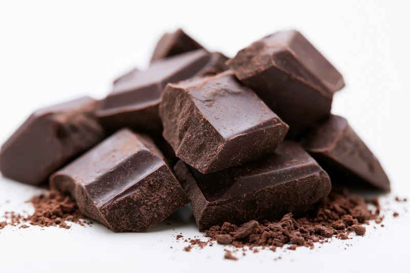 Broken dark chocolate chunks piled on white background with cocoa powder scattered around