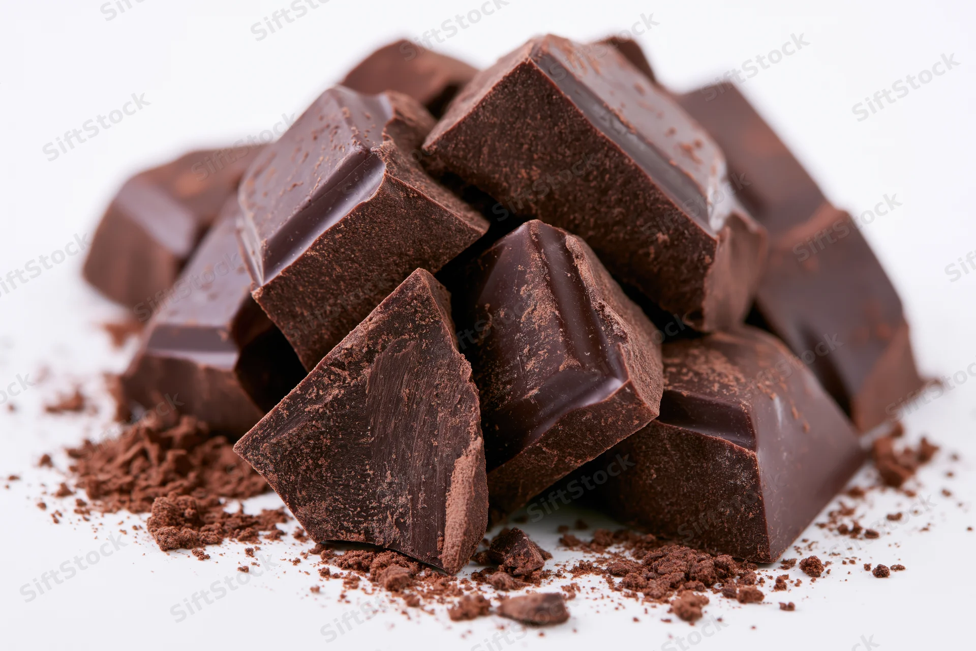 Broken dark chocolate chunks piled on white background with cocoa powder scattered around
