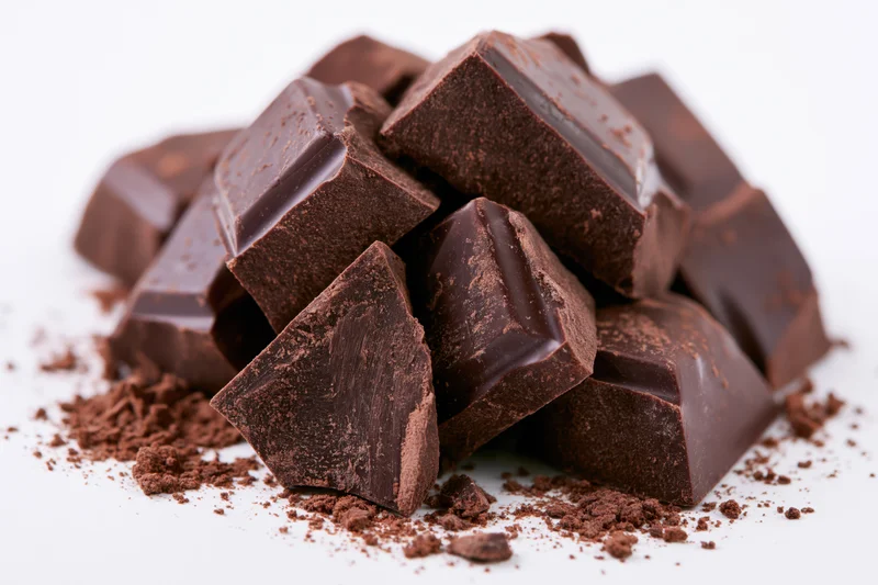Broken dark chocolate chunks piled on white background with cocoa powder scattered around