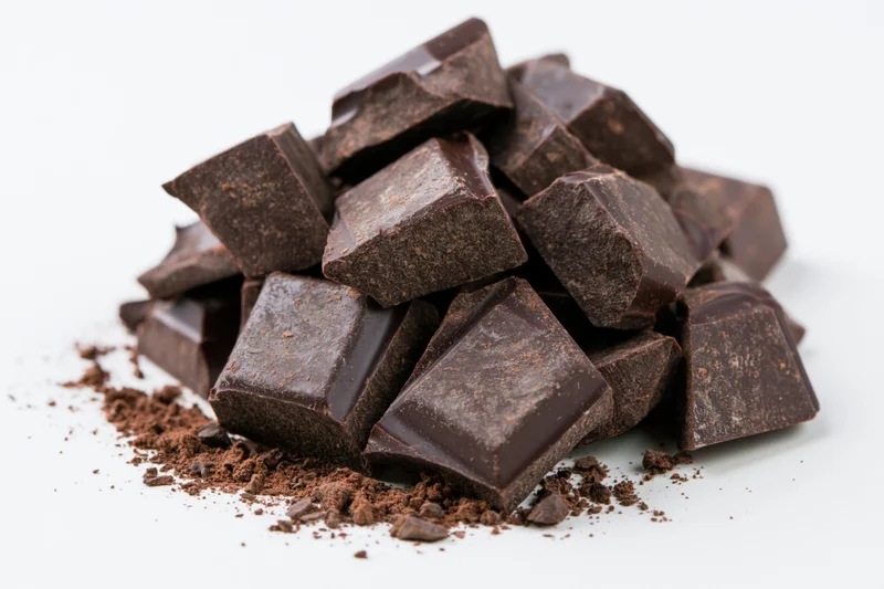 Broken dark chocolate chunks piled on white background with cocoa powder scattered around