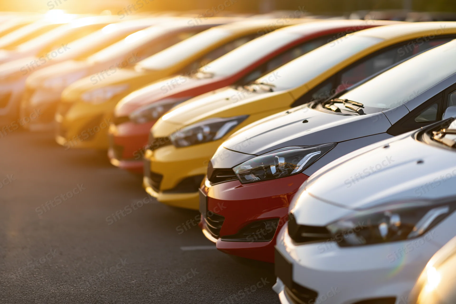 Row of compact cars parked side by side in a dealership lot at golden hour