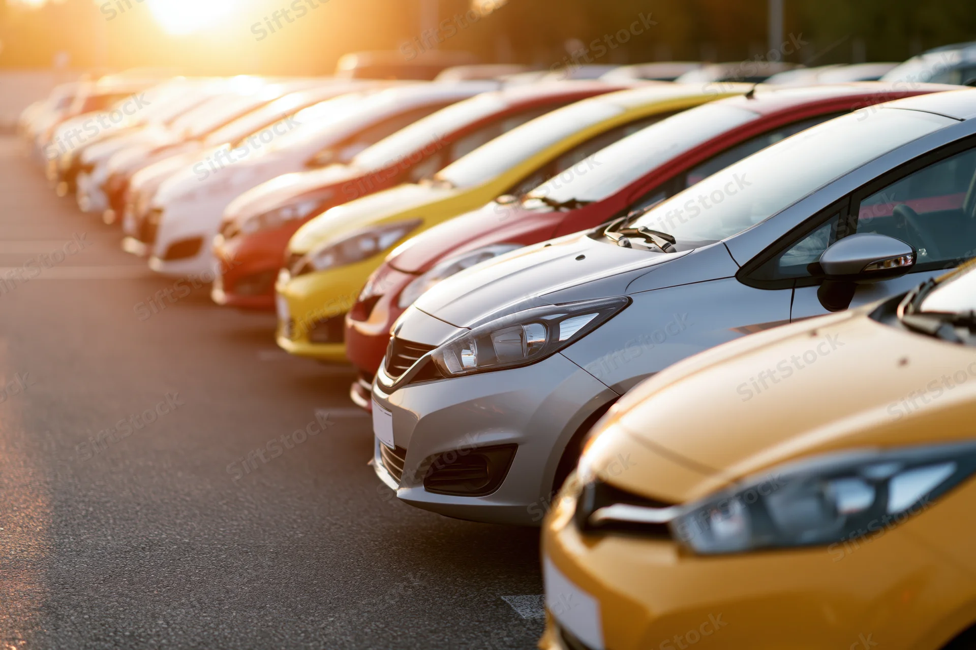 Row of compact cars parked side by side in a dealership lot at golden hour