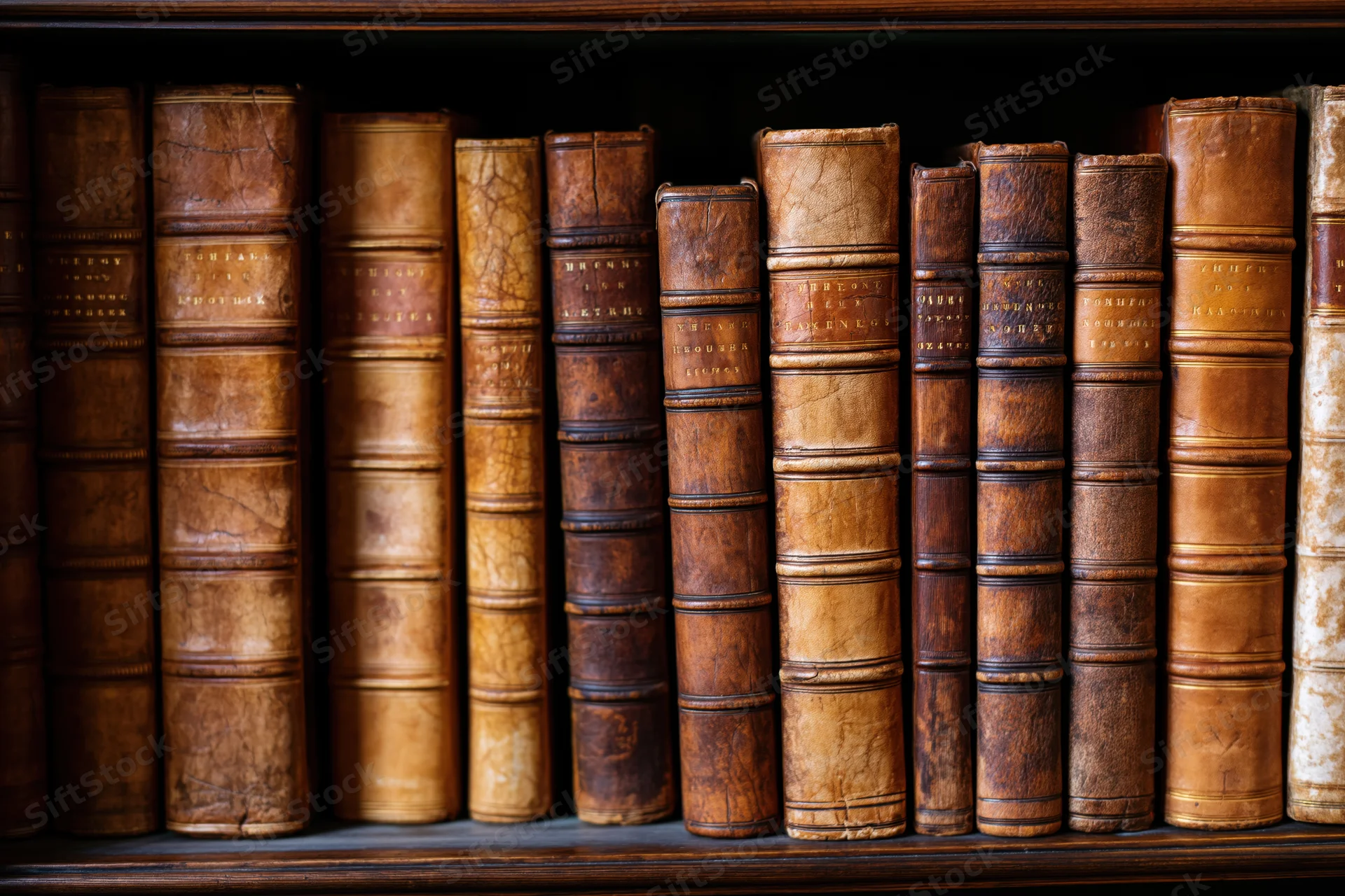 Rows of antique leather-bound books arranged on a dark wooden shelf