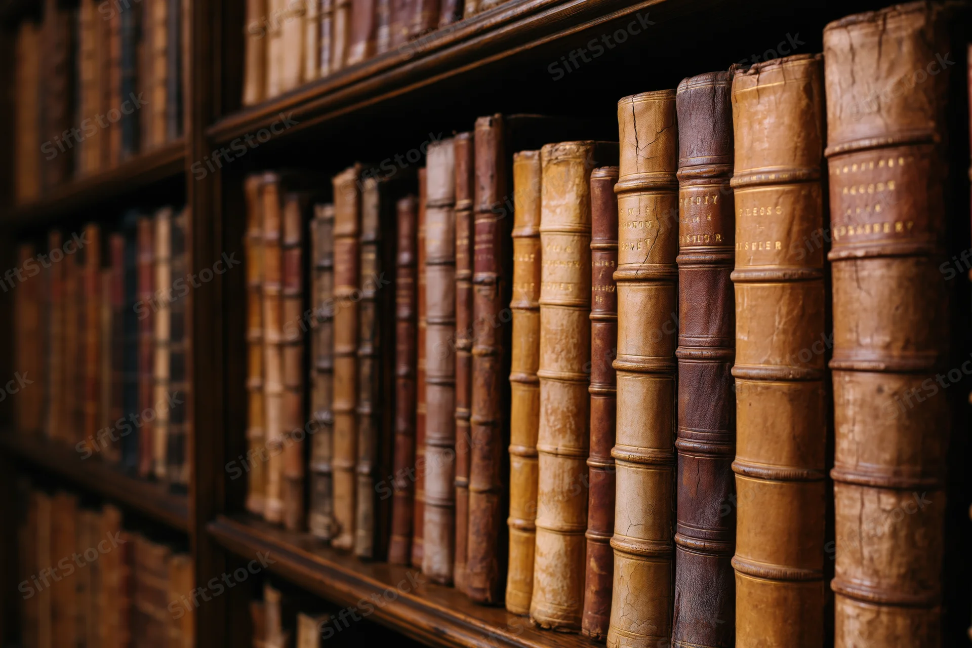Rows of antique leather-bound books arranged on dark wooden shelves in a library