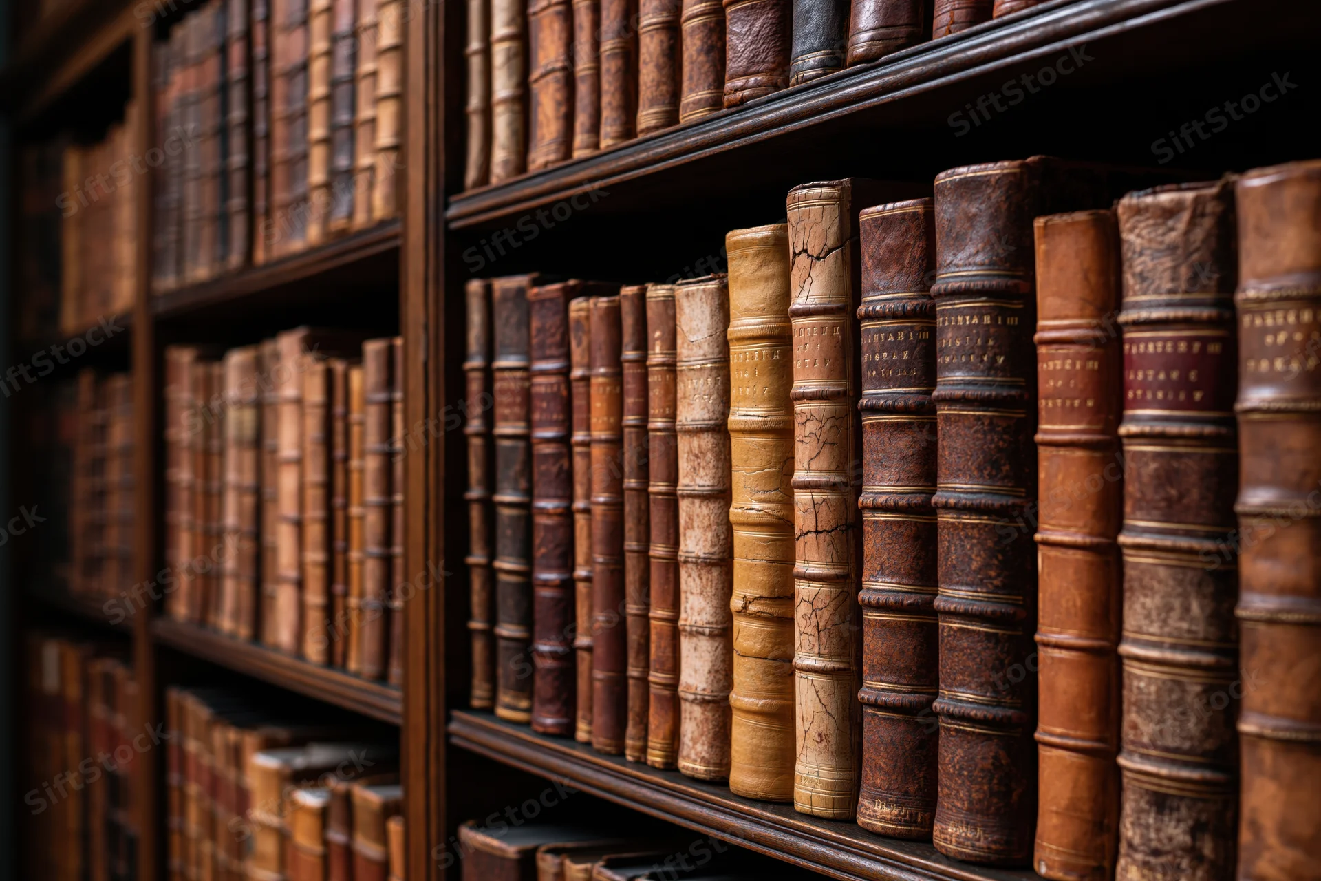 Rows of antique leather-bound books on dark wooden shelves in a library
