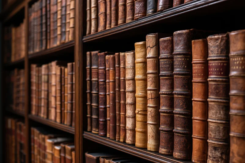 Rows of antique leather-bound books on dark wooden shelves in a library