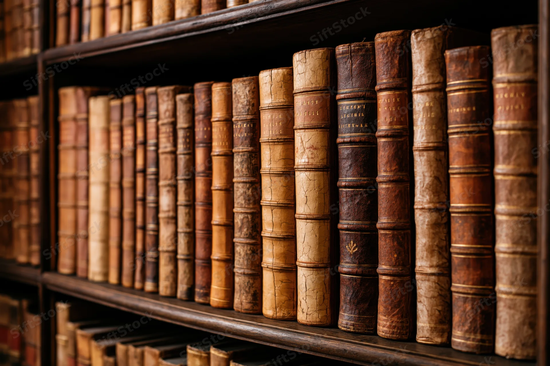 Rows of antique leather-bound books arranged on dark wooden shelves in a library