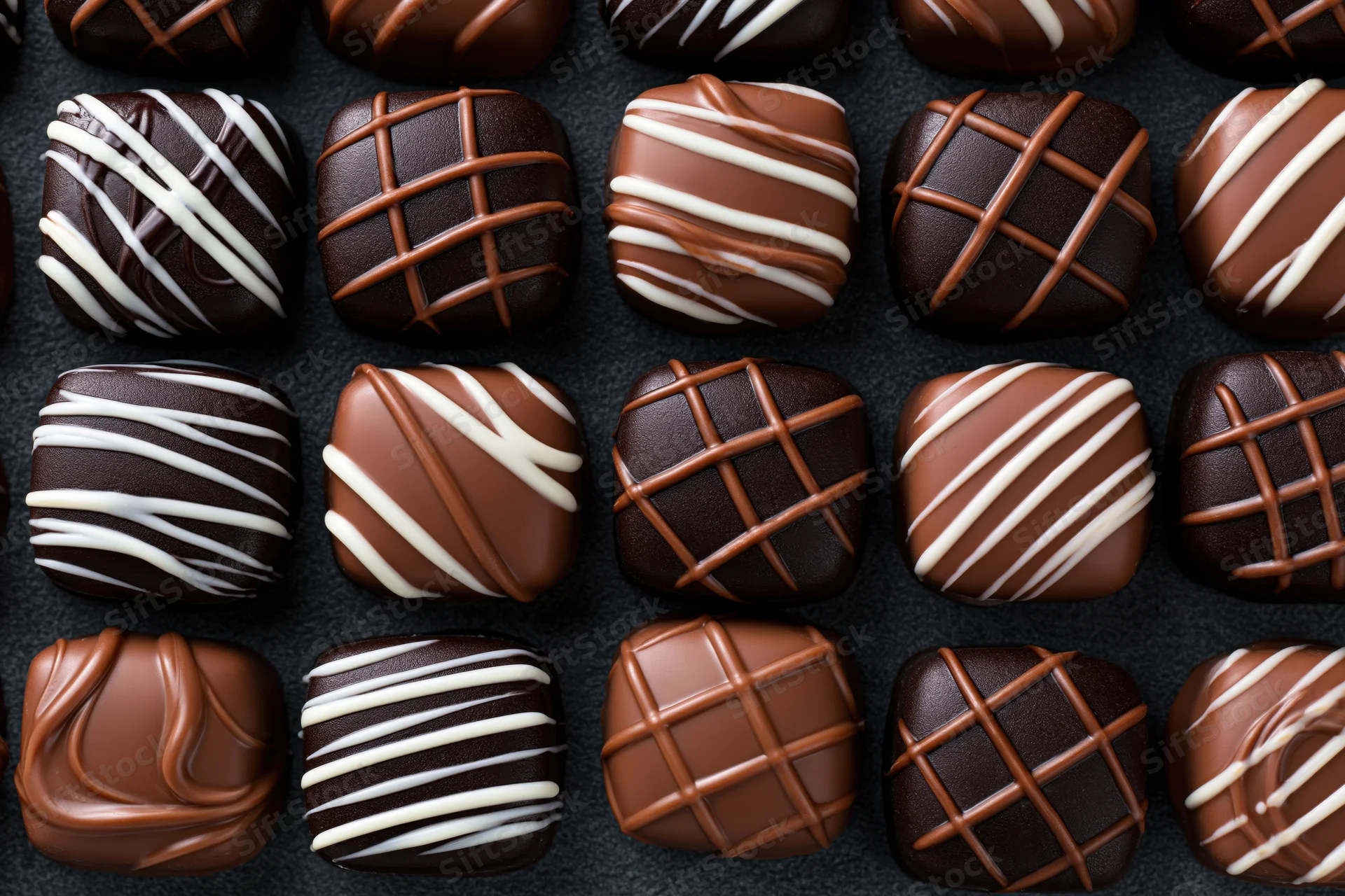 Rows of assorted chocolate confections arranged in a tight grid on a dark surface